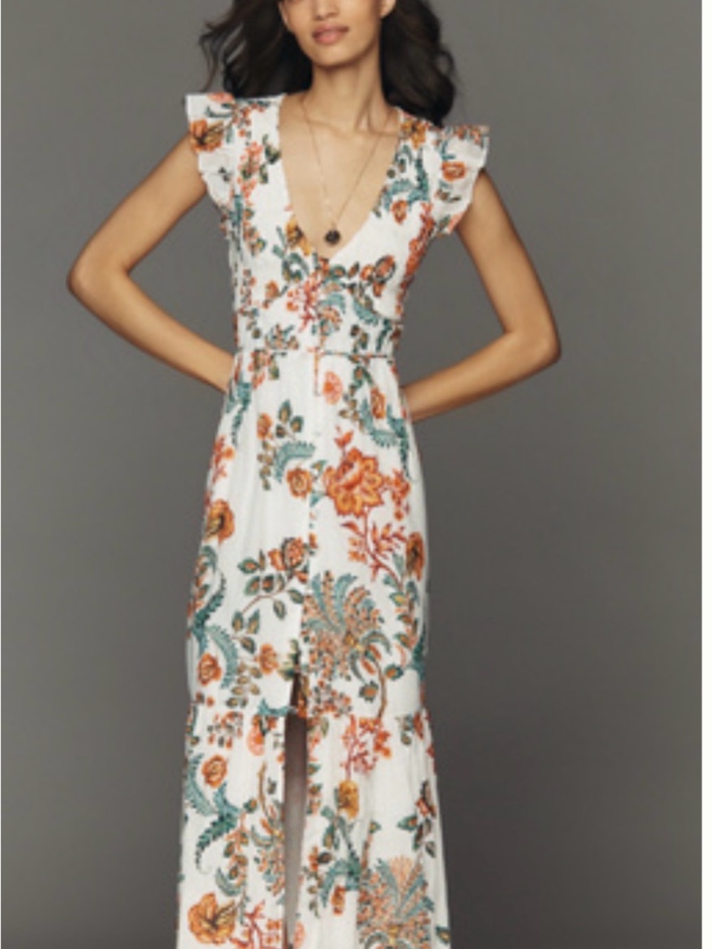 Anthropologie PEREGRINE MIDI DRESS Dress with Orange & Teal Floral Print